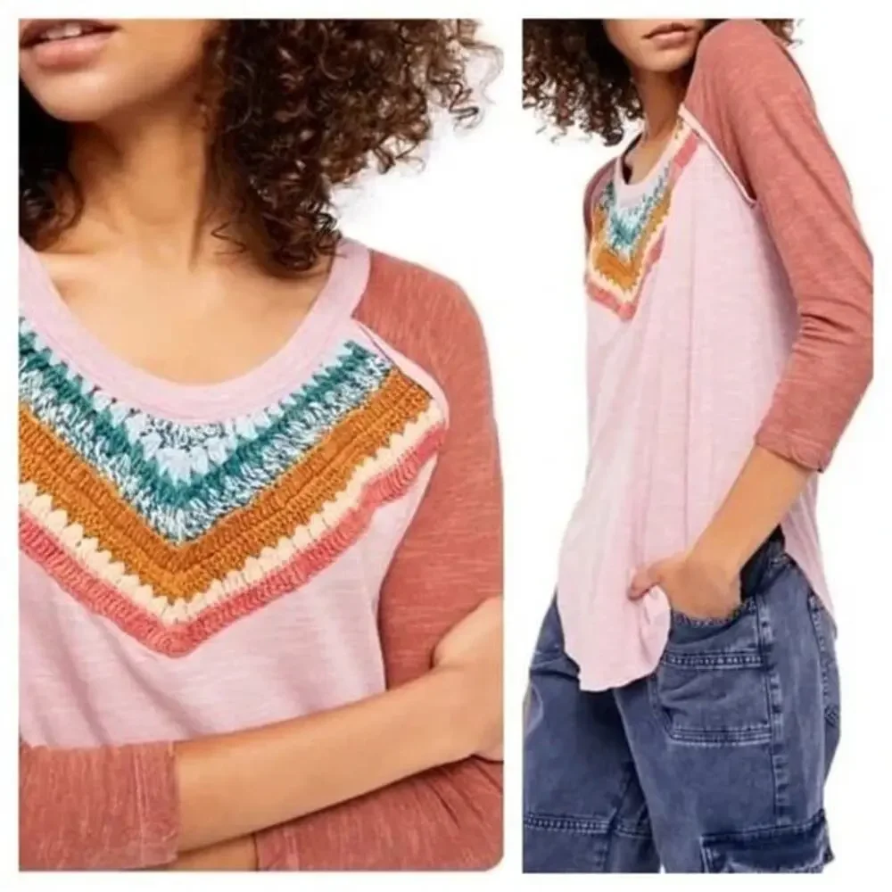 Free People Spring Bound Mauve Crochet Raglan Cotton & Linen Blouse